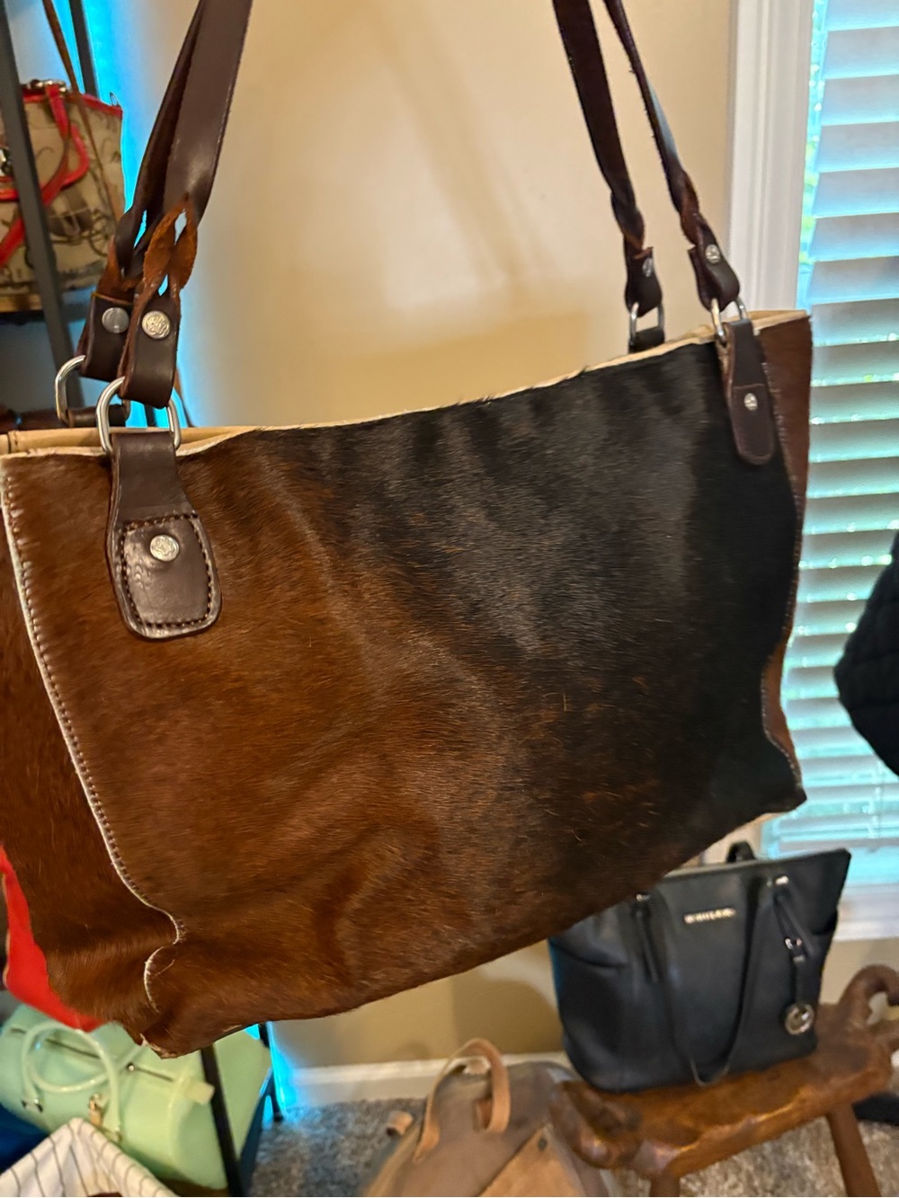 Fossil Two-Tone Brown Leather  cow hide & Haircalf Shoulder Bag